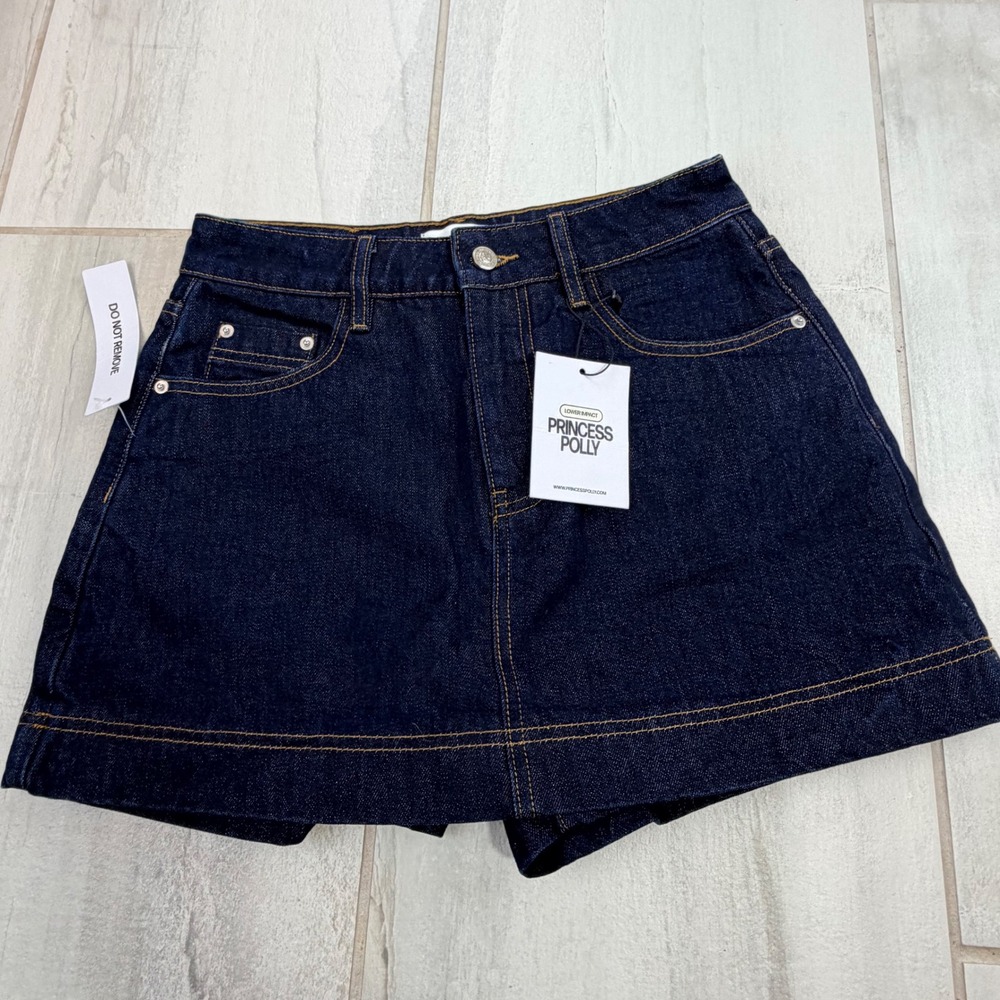 Princess Polly Heuston Dark Indigo Denim High Rise Mini Skort US 4 NWT